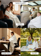 Collage of a blanket and cushion being used in various settings including travel, work space, and picnic.