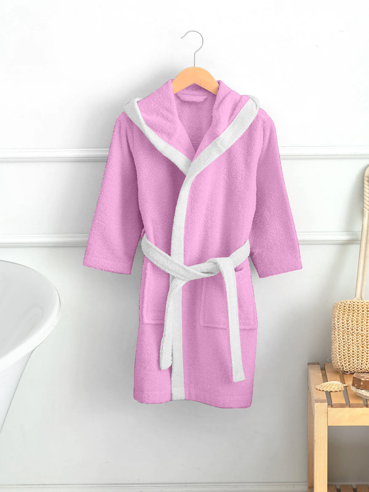 Kitty Embroidered Kids Bathrobe with Hood and Tie Up Belt - Pink