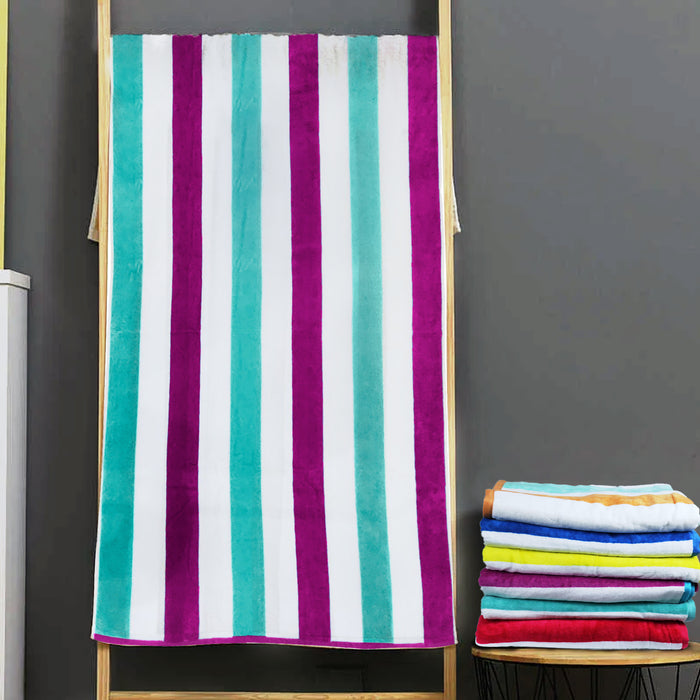 Oversized Beach Towel 90x180cm Extra Large Luxury Cotton Purple and Aqua Striped High Absorbent and Soft Summer Pool Towel