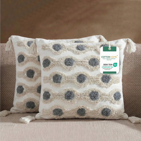 Boho Handcrafted Throw Pillow 45x45cm Filled Cushion with Ripple Design Pack of 2