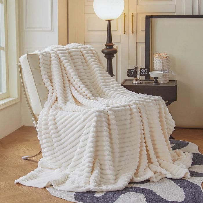 Plush Stripe Blanket Queen Size Ivory