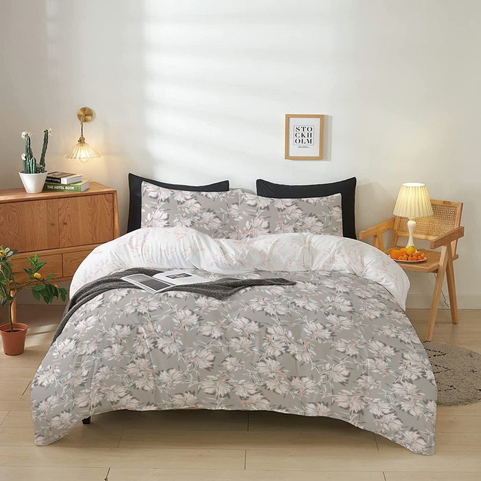 4-Piece Luxury Cotton Comforter Set Queen/King Size Ditsy Floral Grey