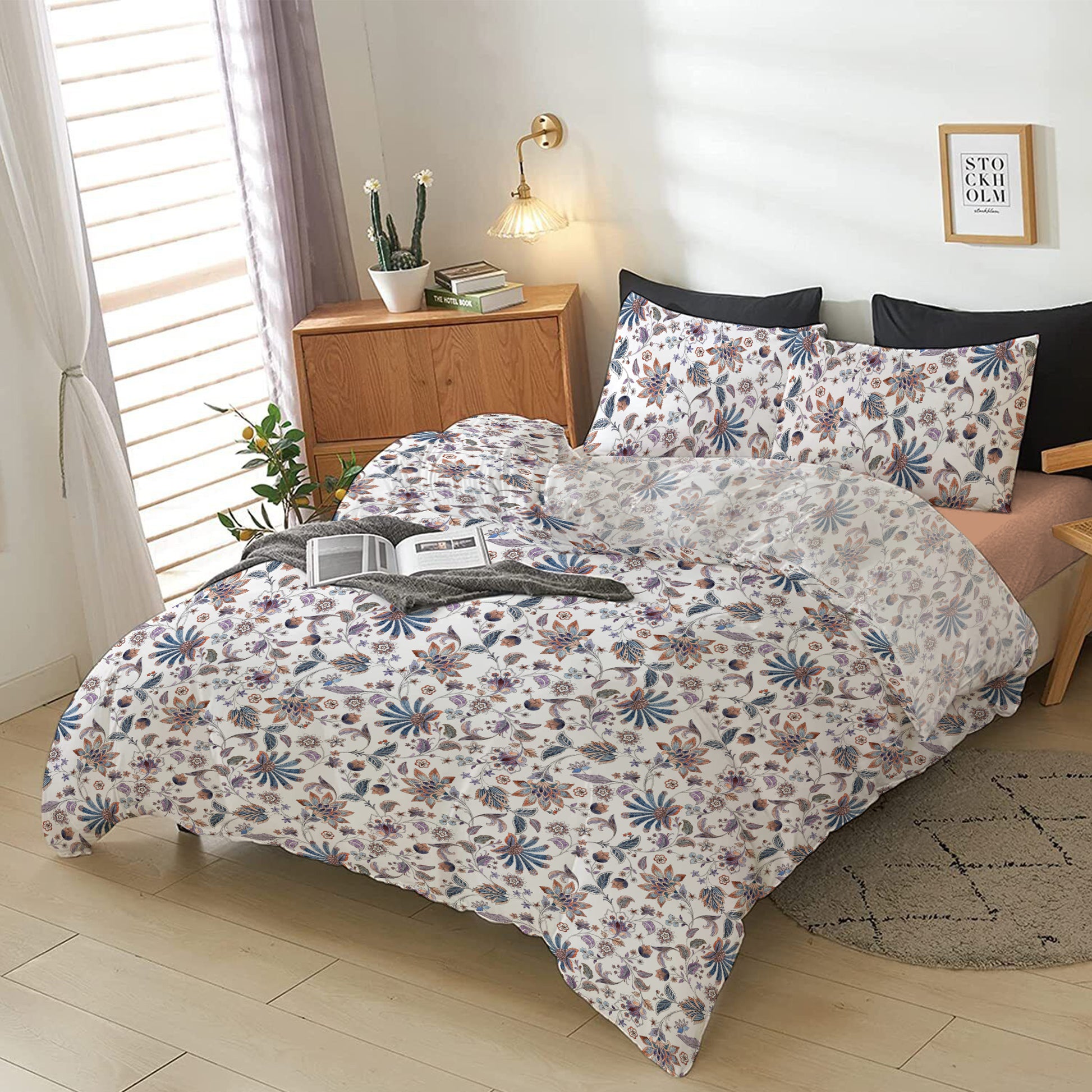 4-Piece Luxury Cotton Comforter Set Queen/King Size Botanical Print
