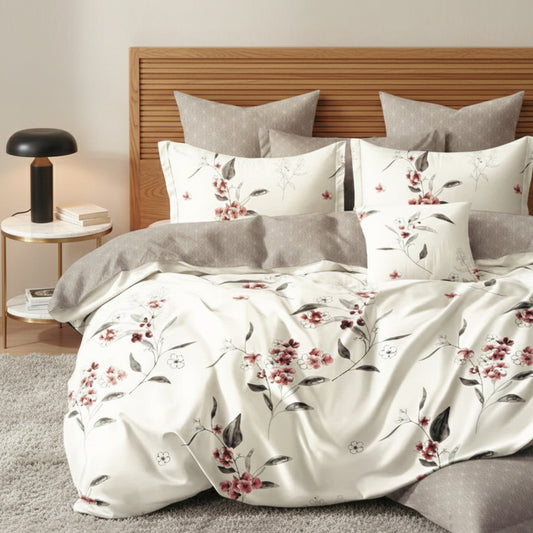 6 Pieces Duvet Cover Set –  220x240cm – Elegant Cream Floral Bedding