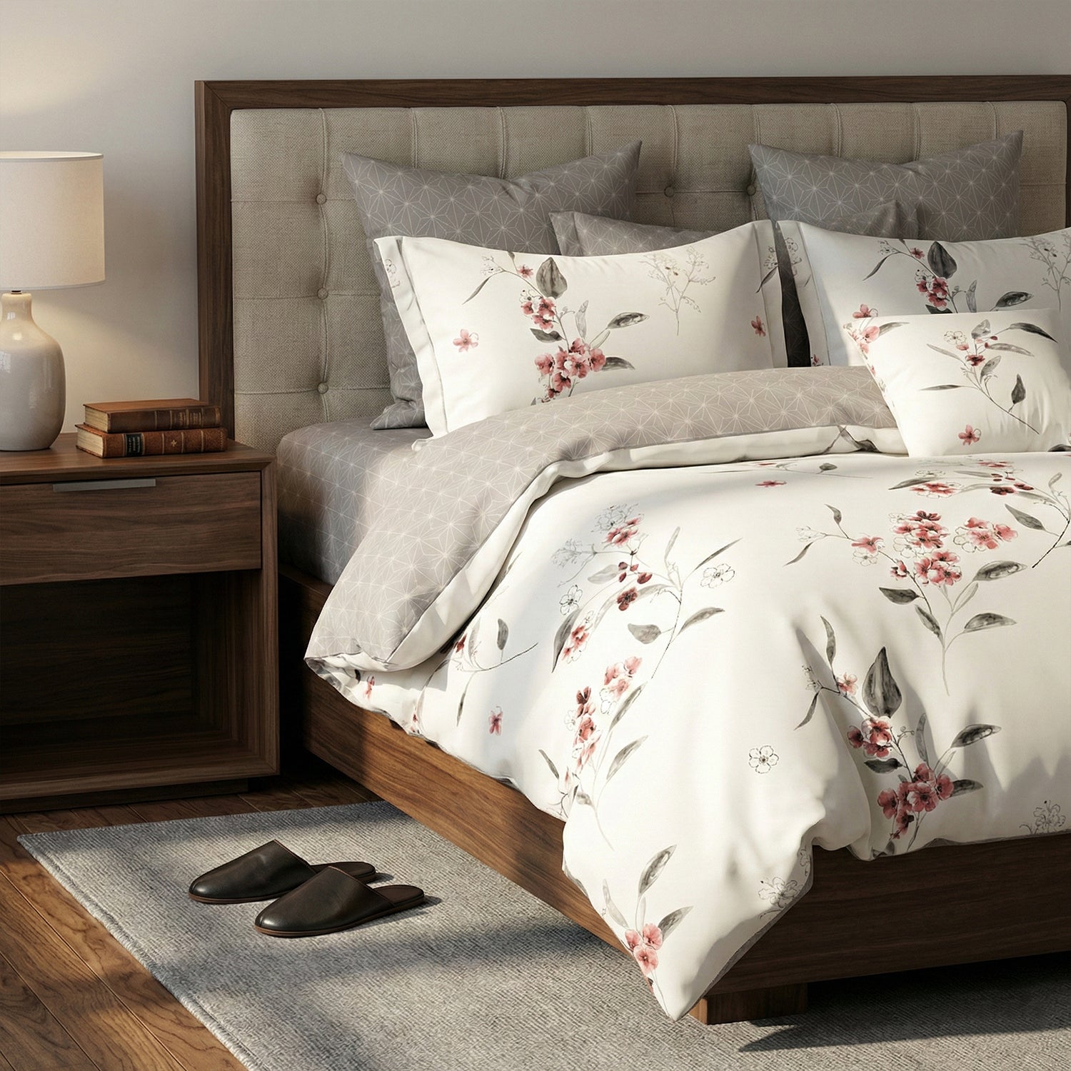 6 Pieces Duvet Cover Set –  220x240cm – Elegant Cream Floral Bedding