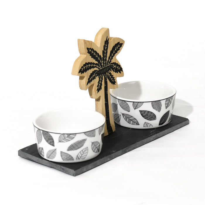 Stylish Palm Serving Set: 3PC Elegant Tray with Porcelain Bowls | Cotton Home UAE