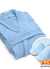 Premium Cotton Sky Blue Terry Bathrobe with Pockets, One Size Fits All with Free Bath Slippers