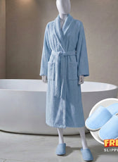 Premium Cotton Sky Blue Terry Bathrobe with Pockets, One Size Fits All with Free Bath Slippers