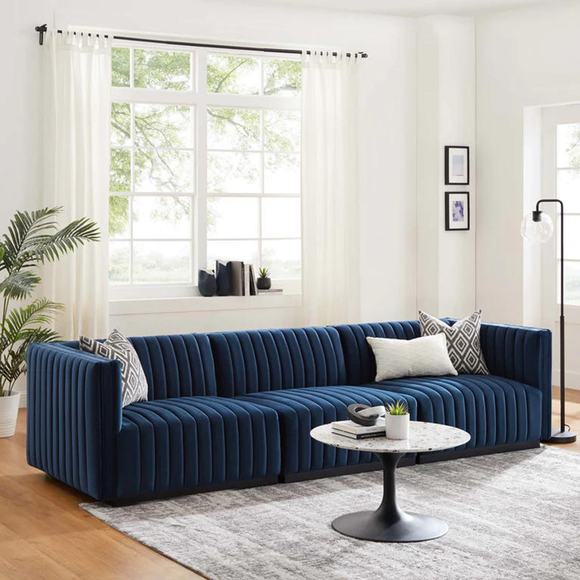 Chanel 3 Seater Navy Blue Velvet Tufted Sofa