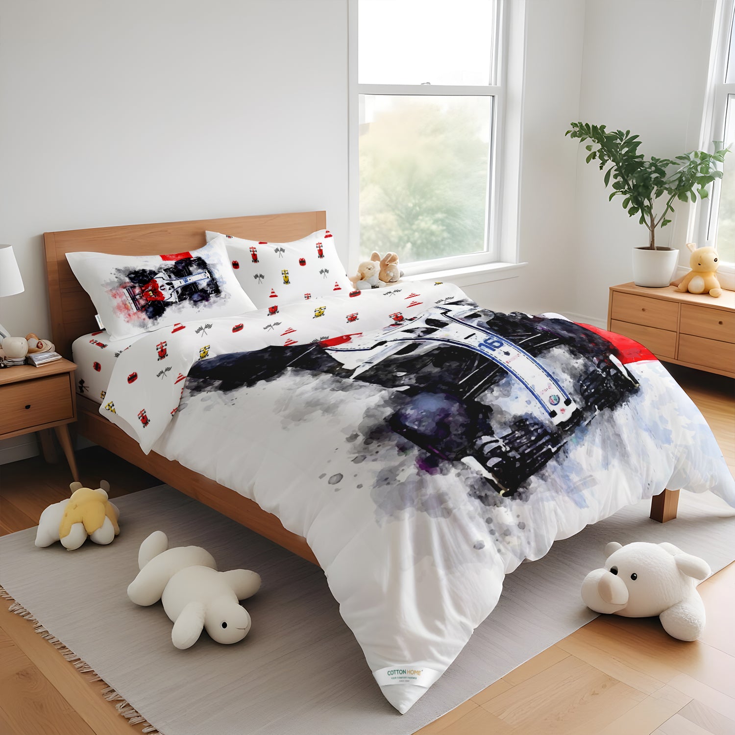 Kids Duvet Cover Set - 4 Pc - Sports Car Print 160x220cm | Cotton Home