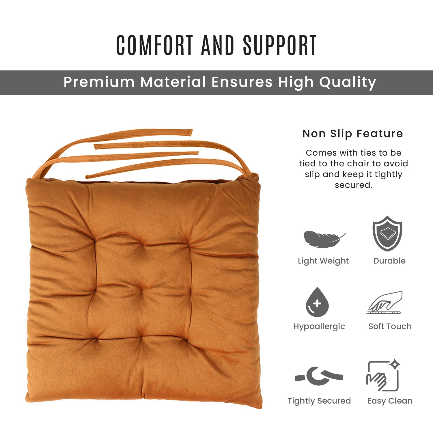 Velvet Slip Free Tufted  Chair Cushion Tan 40x40cm