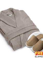 Premium Cotton Taupe Terry Bathrobe with Pockets, One Size Fits All with Free Bath Slippers