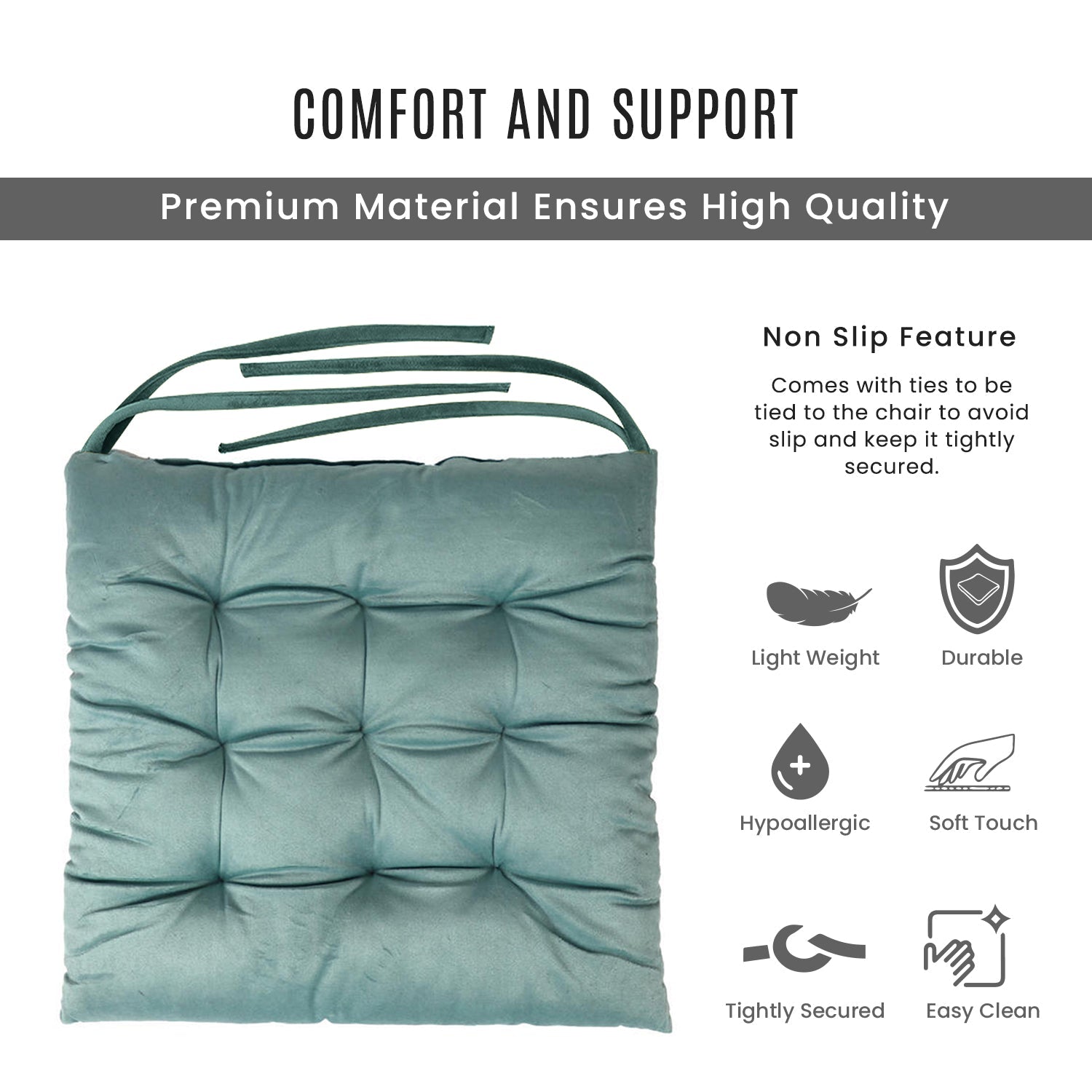 Velvet Slip Free Tufted  Chair Cushion Teal 40x40cm - Pack of 4