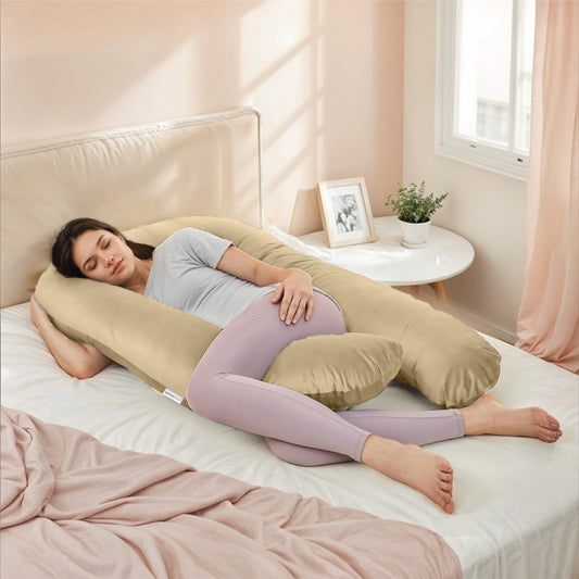 Serenity Velvet Pregnancy Pillow U-Shape Full Body Pillow  With Removable Cover Beige