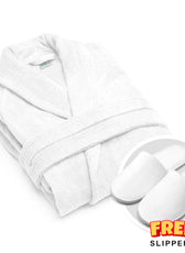 Premium Cotton White Terry Bathrobe with Pockets, One Size Fits All with Free Bath Slippers