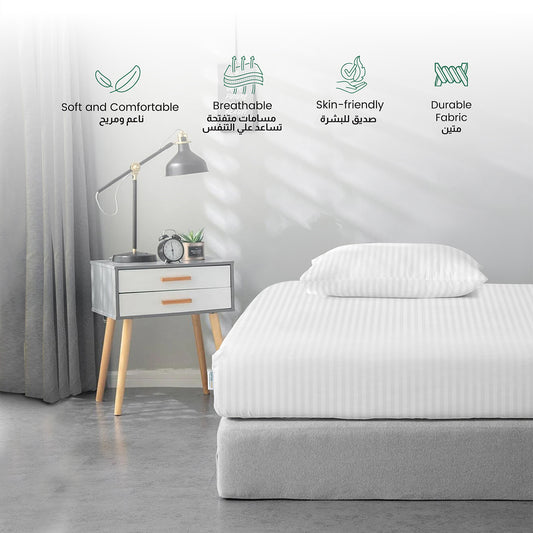 Stripe Fitted Sheet Set Double 120x200+25cm with Pillowcases  White