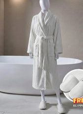 Premium Cotton White Terry Bathrobe with Pockets, One Size Fits All with Free Bath Slippers