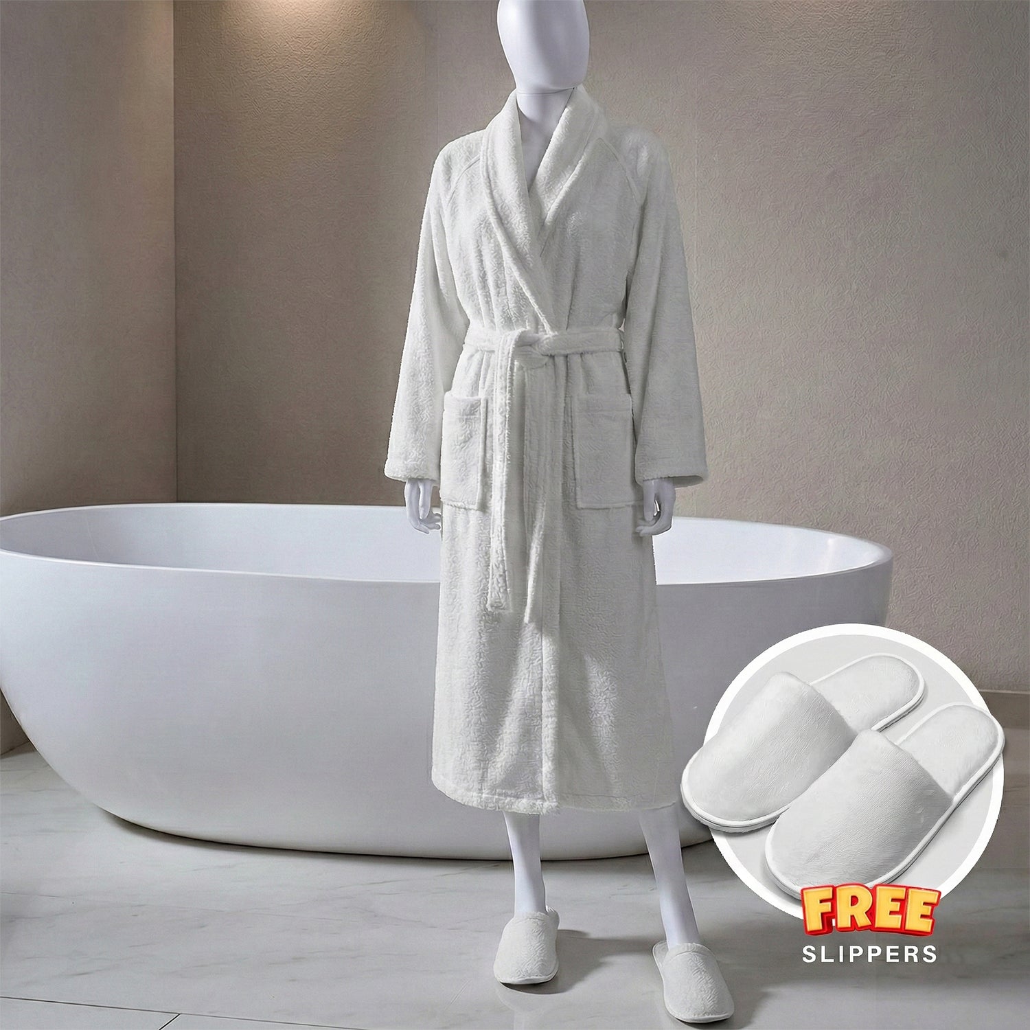 Premium Cotton White Terry Bathrobe with Pockets, One Size Fits All with Free Bath Slippers
