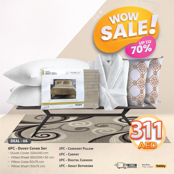 Wow Big Deals - 6PC Stripe Duvet Cover and Carpet Combo Offer
