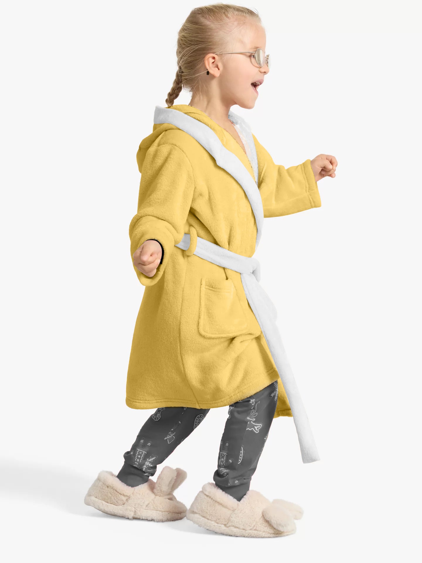 Duck Embroidered Kids Bathrobe with Hood and Tie Up Belt - Yellow