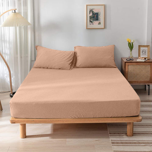 High Quality Beige Cotton Jersey Single 3 Piece Fitted Sheet Set 90x190+25cm with Deep Pockets and 2 Pillow Case