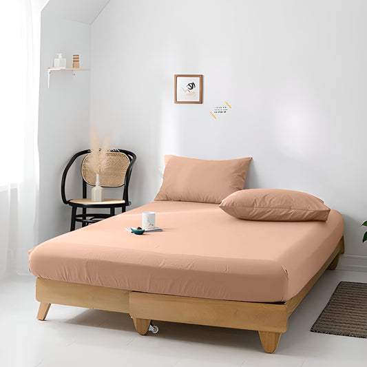 High Quality Beige Cotton Jersey King 3 Piece Fitted Sheet Set 200x200+30cm with Deep Pockets and 2 Pillow Case