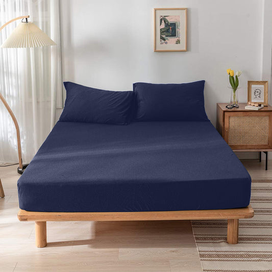 High Quality Navy Blue Cotton Jersey Twin 3 Piece Fitted Sheet Set 160x200+30cm with Deep Pockets and 2 Pillow Case - Cotton Home