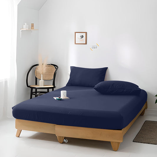 High Quality Navy Blue Cotton Jersey King 3 Piece Fitted Sheet Set 200x200+30cm with Deep Pockets and 2 Pillow Case