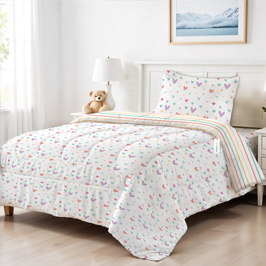 Back to School Comfort Combo - 6PC Kids Bedding Set 135x220 with Pillows & Cushions - Hue Hearts (6040)