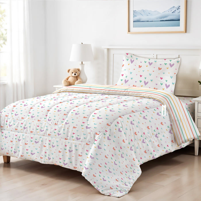 Back to School Comfort Combo - 6PC Kids Bedding Set 135x220 with Pillows & Cushions - Hue Hearts (6040)