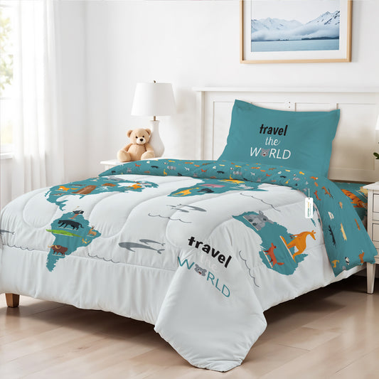 Premium Premium Cotton 3PC Bedding Set Kids Comforter Set 135x220cm Adventure Atlas