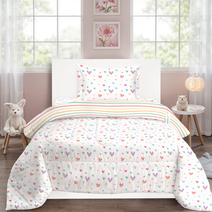 Back to School Comfort Combo - 6PC Kids Bedding Set 135x220 with Pillows & Cushions - Hue Hearts (6040)