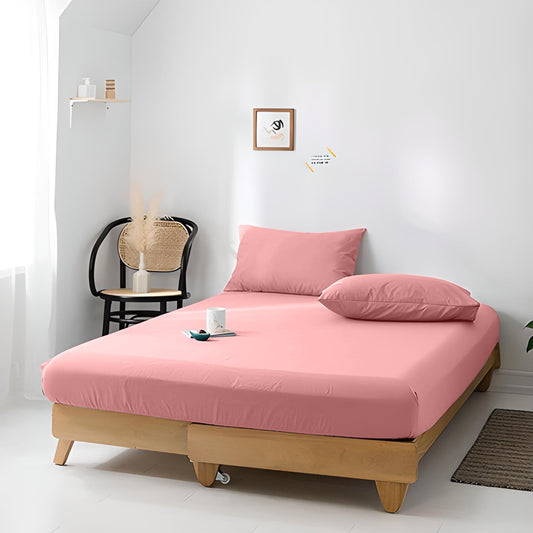 High Quality Pink Cotton Jersey Single 3 Piece Fitted Sheet Set 90x190+25cm with Deep Pockets and 2 Pillow Case