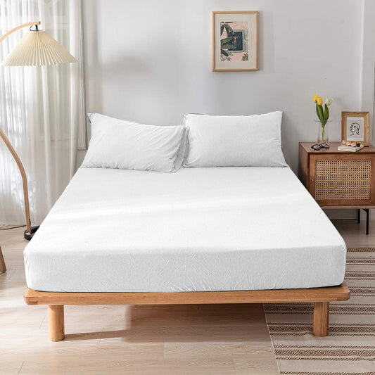 High Quality White Cotton Jersey Queen 3 Piece Fitted Sheet Set 180x200+30cm with Deep Pockets and 2 Pillow Case