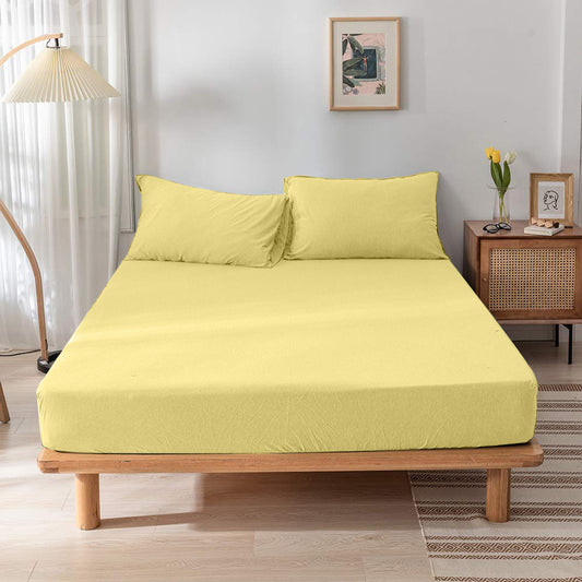 High Quality Yellow Cotton Jersey Single 3 Piece Fitted Sheet Set 90x190+25cm with Deep Pockets and 2 Pillow Case
