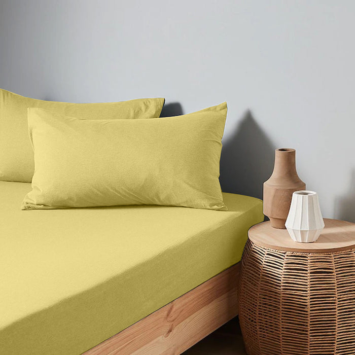 High Quality Yellow Cotton Jersey Queen 3 Piece Fitted Sheet Set 180x200+30cm with Deep Pockets and 2 Pillow Case