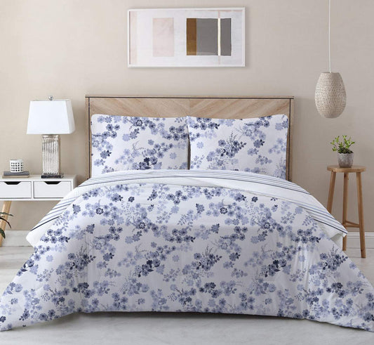 100% Cotton 3-Piece Printed Disty Comforter Set Single/Queen/King size - Blue Floral