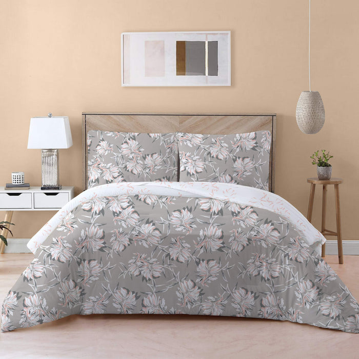 4-Piece Luxury Cotton Comforter Set Queen/King Size Ditsy Floral Grey