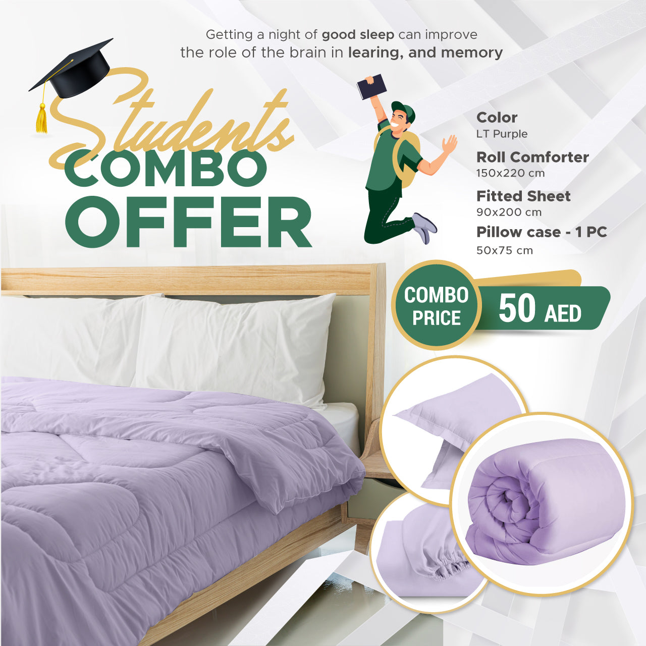 Students Combo Offer 3-Piece Roll Comforter Set - LT Purple