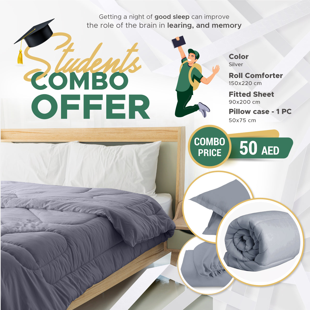Students Combo Offer 3-Piece Roll Comforter Set - Silver