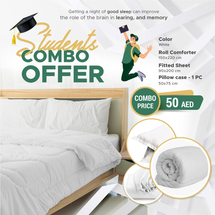 Students Combo Offer 3-Piece Roll Comforter Set - White