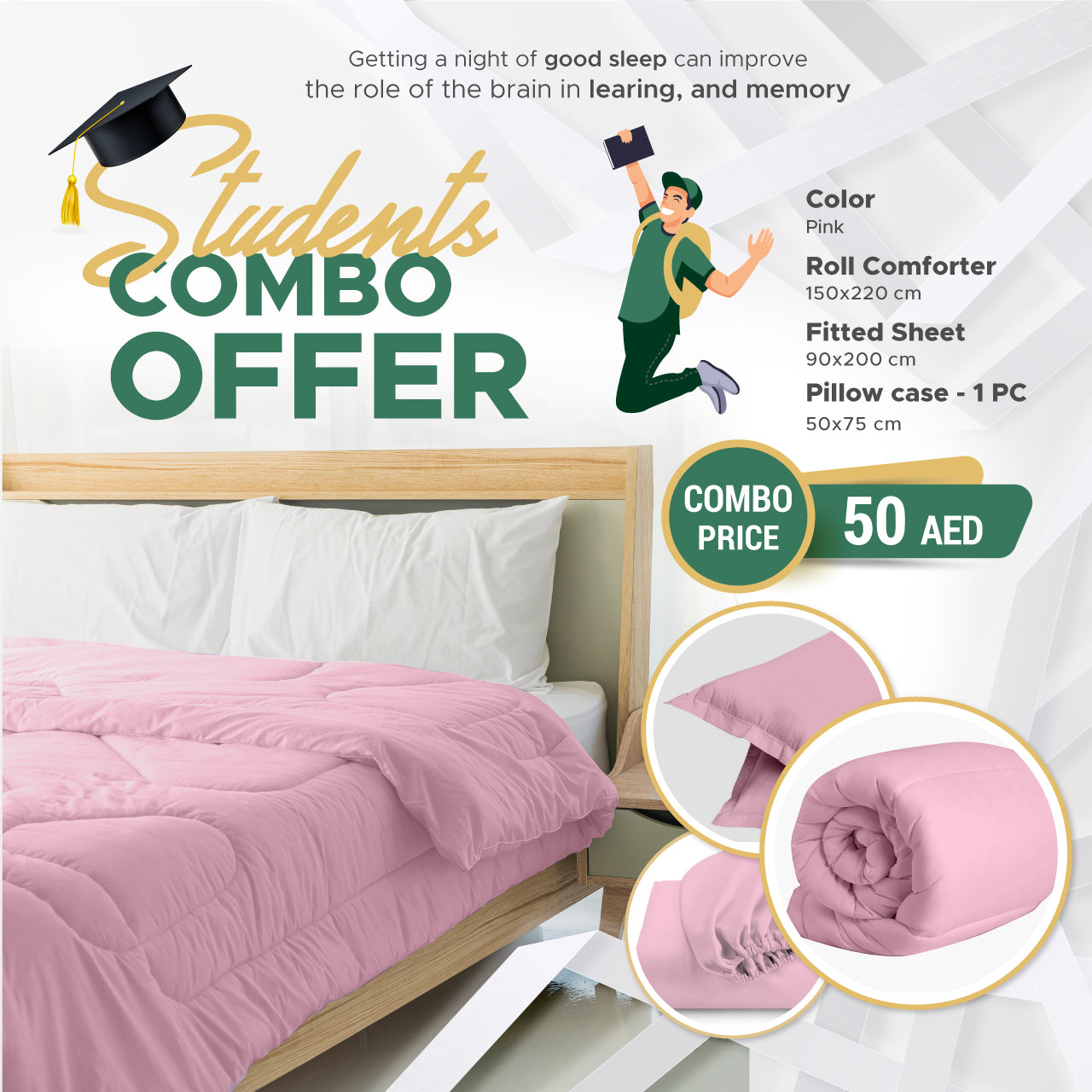 Students Combo Offer 3-Piece Roll Comforter Set - Pink